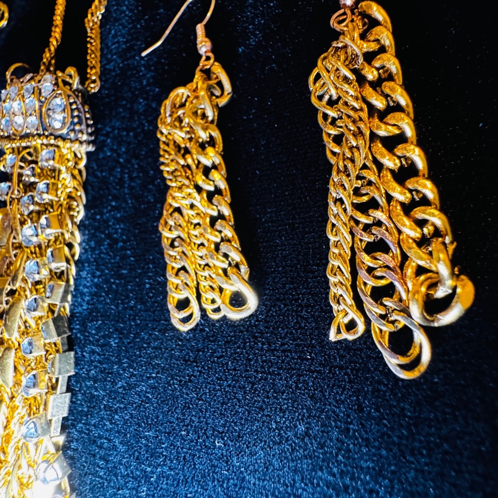 Gold Tone Rhinestone Waterfall Tassel Statement Necklace Set Earrings Fashion - Picture 4 of 9